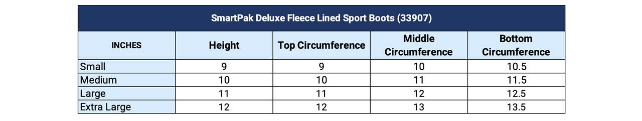 Sizing Chart for SmartPak Deluxe Fleece Lined Sport Boots