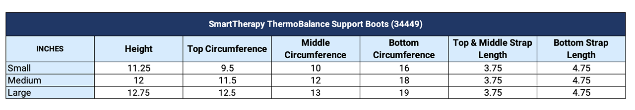 Sizing Chart for SmartTherapy&reg; ThermoBalance&reg; Support Boots