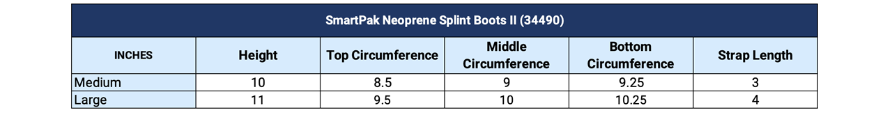 Sizing Chart for SmartPak Neoprene Splint Boots II