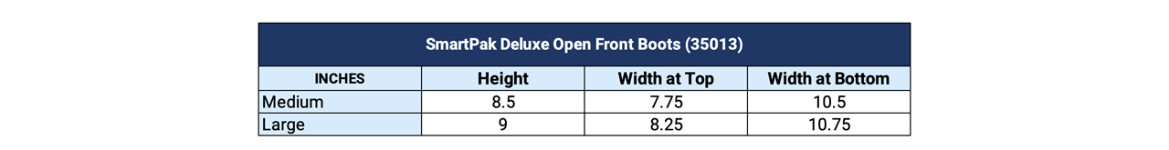 Sizing Chart for SmartPak Deluxe Open Front Boots
