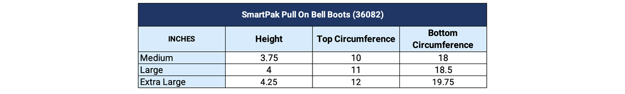 Sizing Chart for SmartPak Pull On Bell Boots