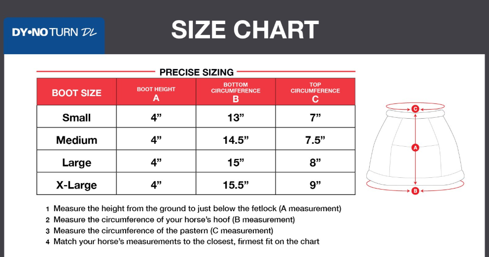 Sizing Chart for Classic Equine DyNo Turn Bell Boots