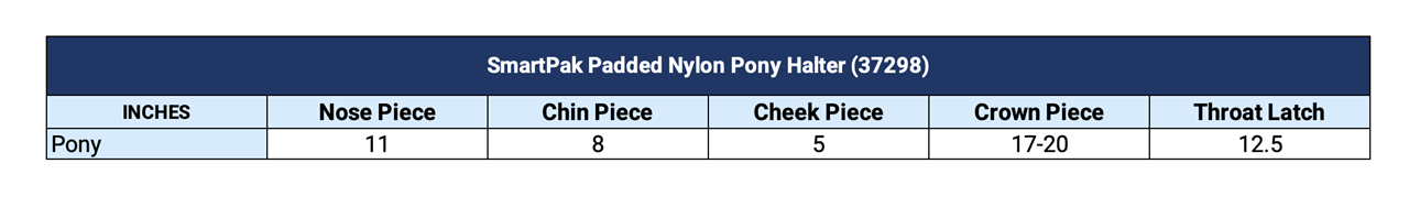 Sizing Chart for SmartPak Padded Nylon Pony Halter