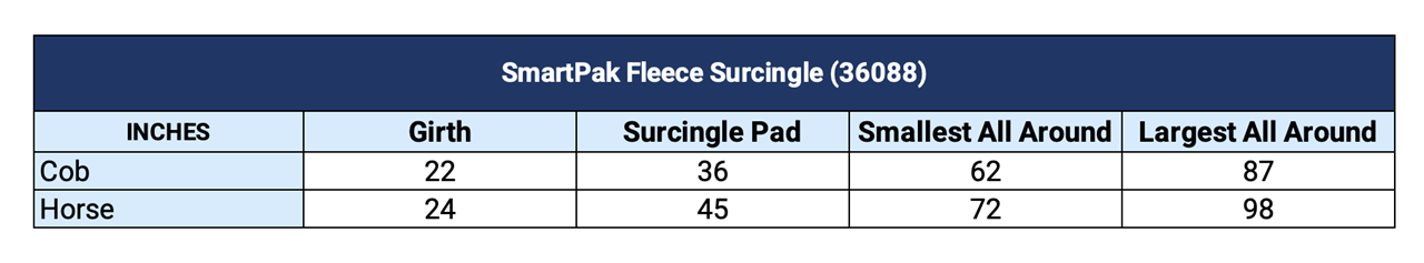 Sizing Chart for SmartPak Fleece Surcingle