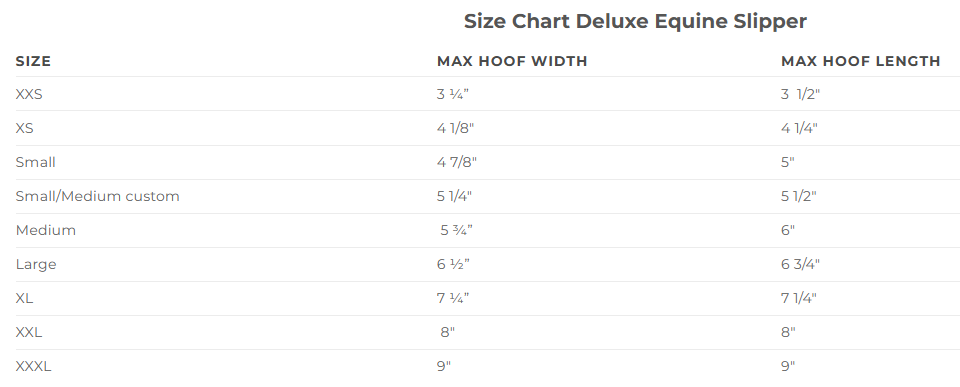 Sizing Chart for Deluxe Equine Slipper