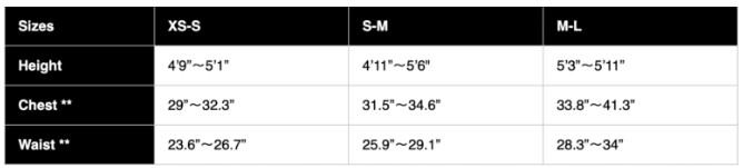 Sizing Chart for Hit Air&reg; Original SV3 Air Vest