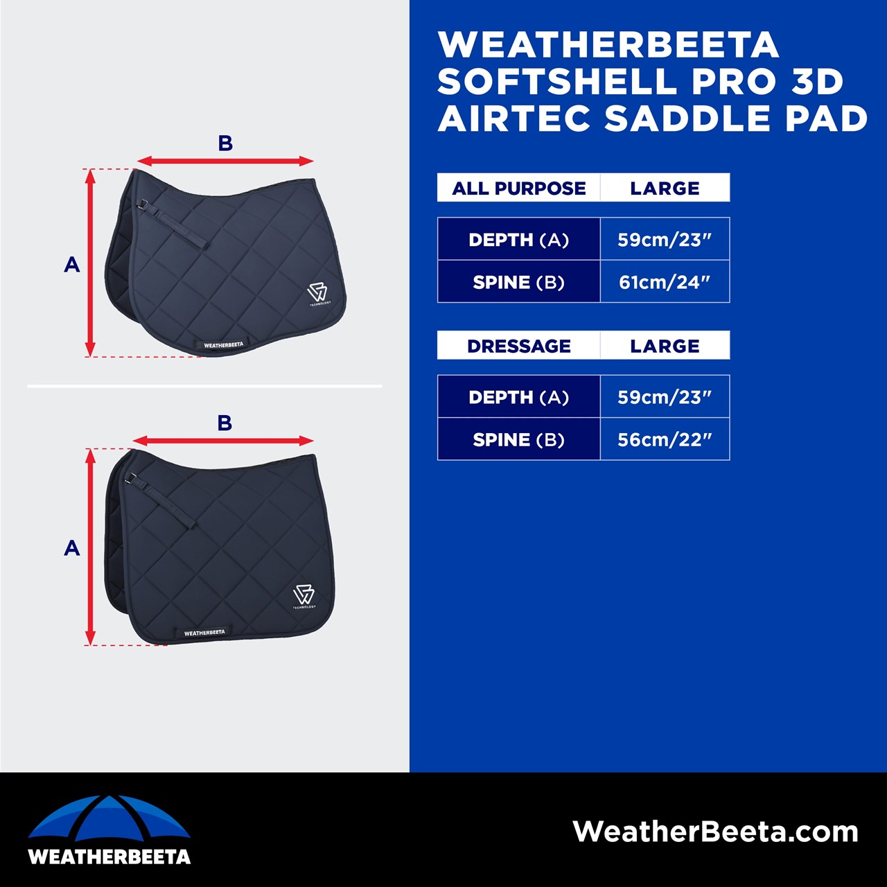 Sizing Chart for WeatherBeeta Softshell Pro 3D Air-Tec Dressage Saddle Pad