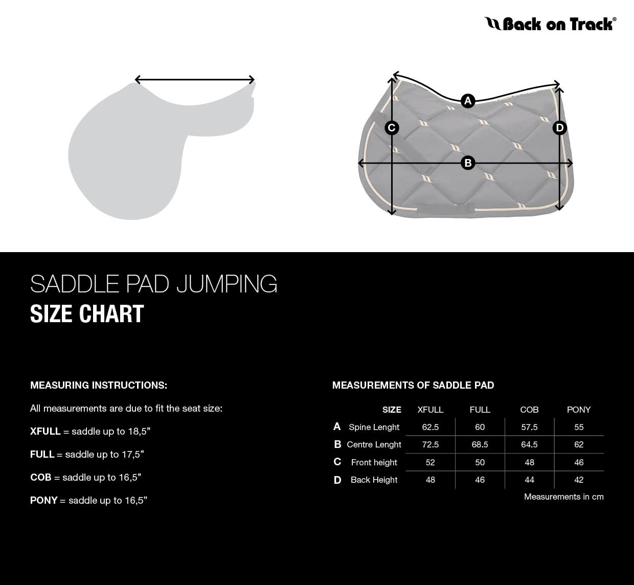 Sizing Chart for Back on Track&reg; Airflow All Purpose Saddle Pad 