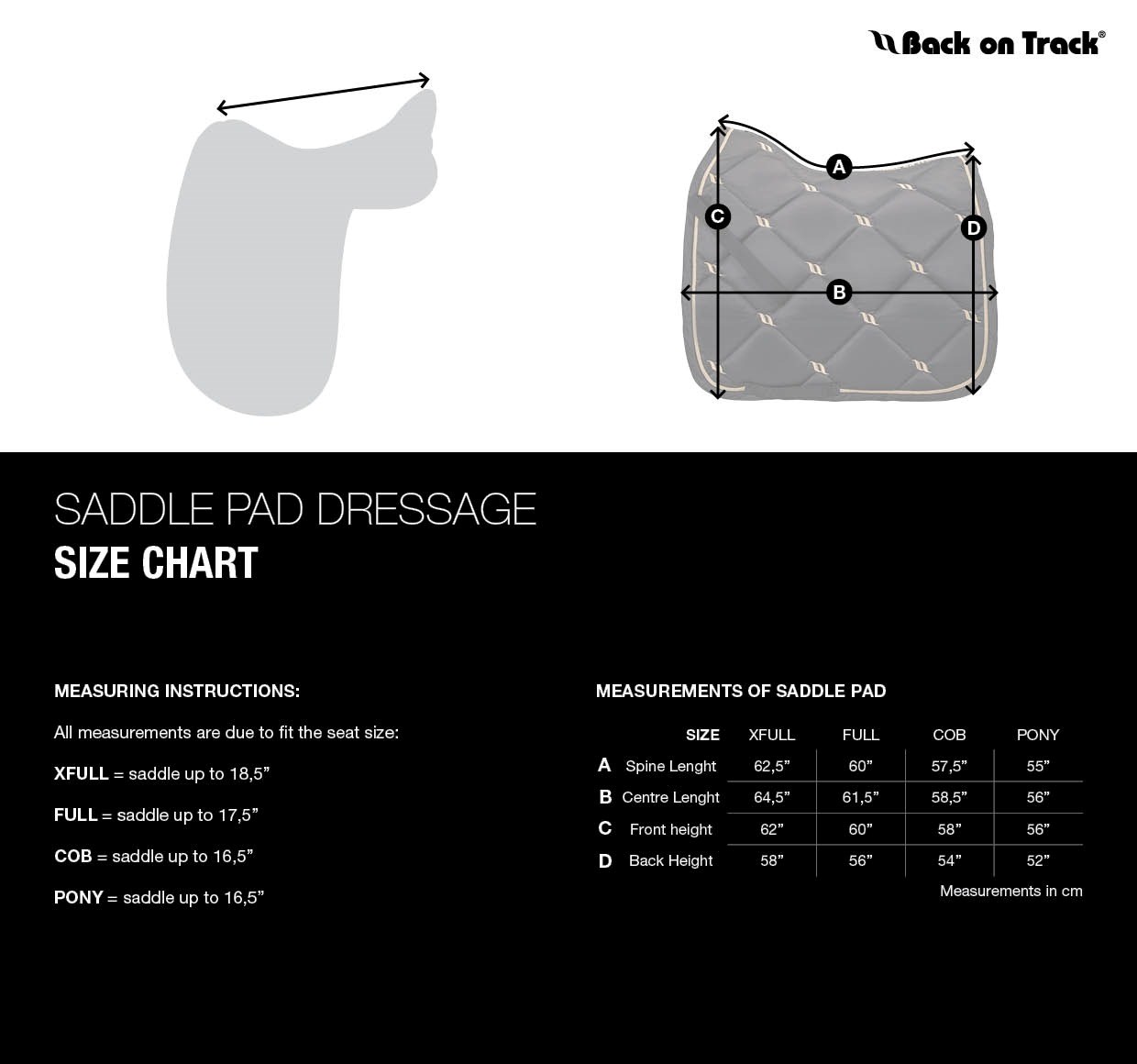 Sizing Chart for Back on Track Deep&reg; Nights Collection Dressage Saddle Pad