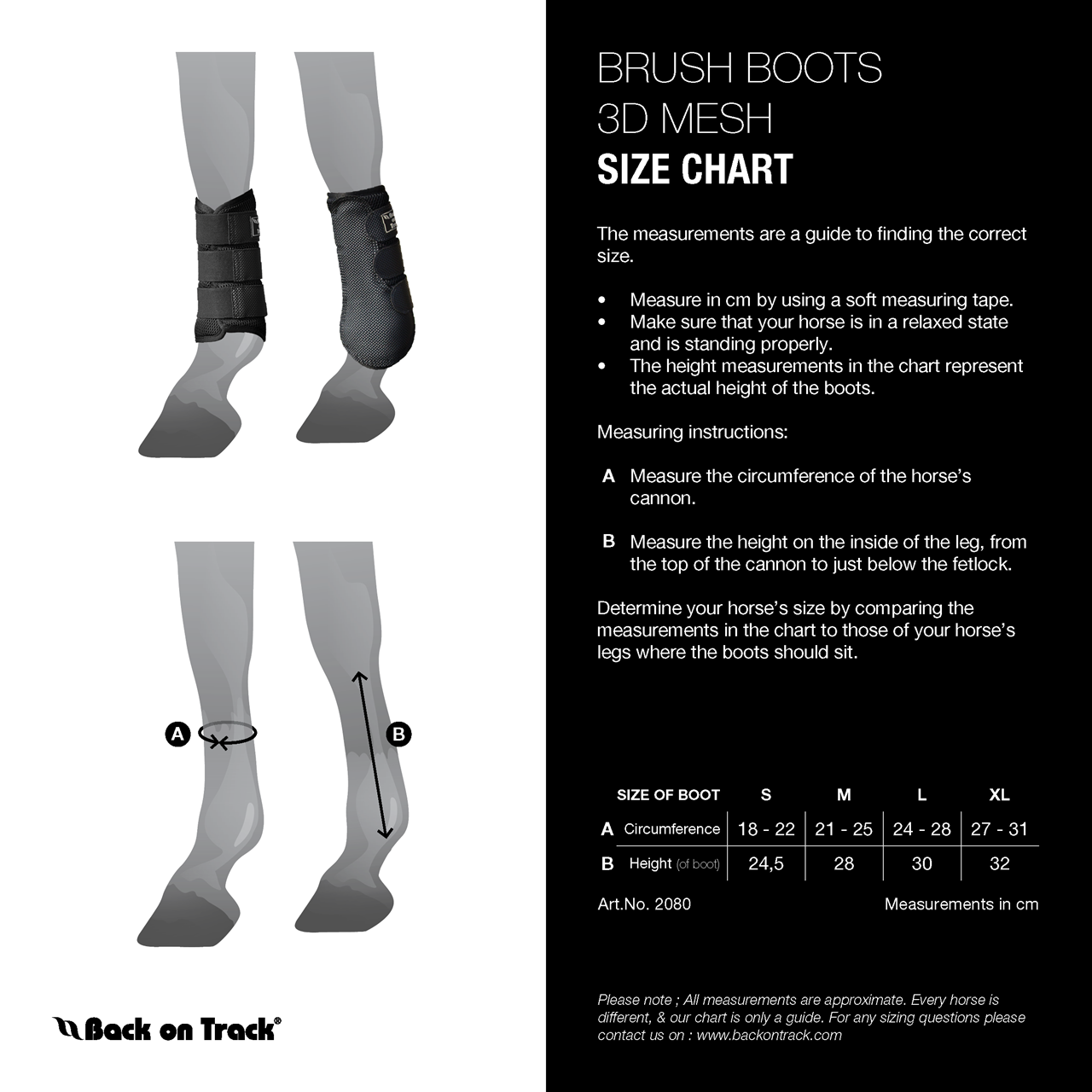 Sizing Chart for Back on Track&reg; 3D Mesh Splint Boots w/ Faux Fur