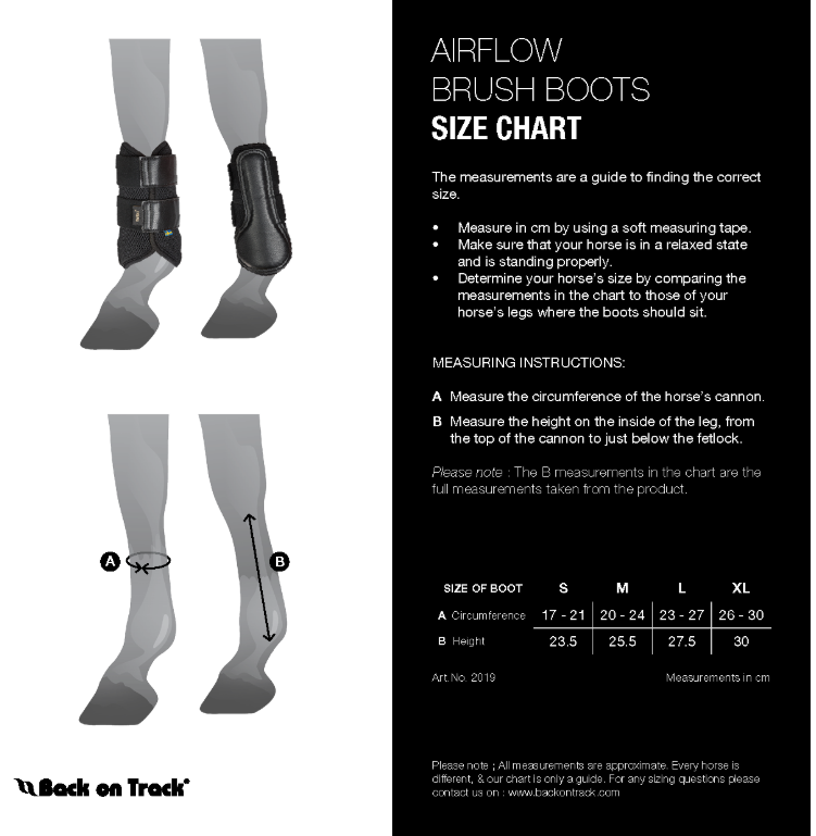 Sizing Chart for Back on Track&reg; Airflow Mesh Brushing Boots