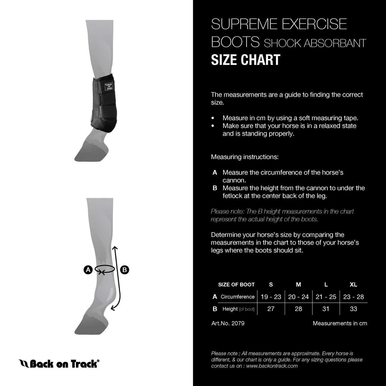 Sizing Chart for Back on Track&reg; Supreme Excercise Boot w/ Shock Absorbent Pad 