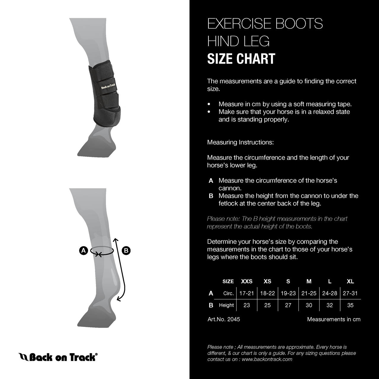 Sizing Chart for Back on Track Therapeutic Exercise Boots - Hind