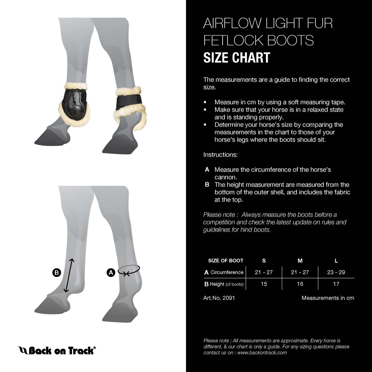 Sizing Chart for Back on Track&reg; Airflow Fetlock Boots w/ Faux Fur 