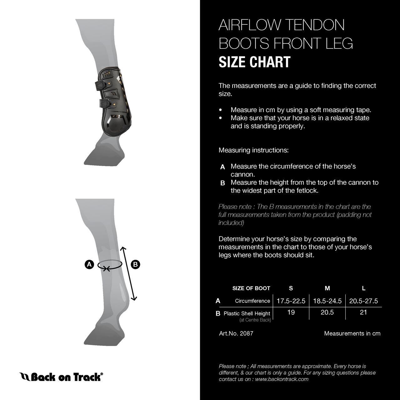 Sizing Chart for Back On Track Airflow Tendon Boots