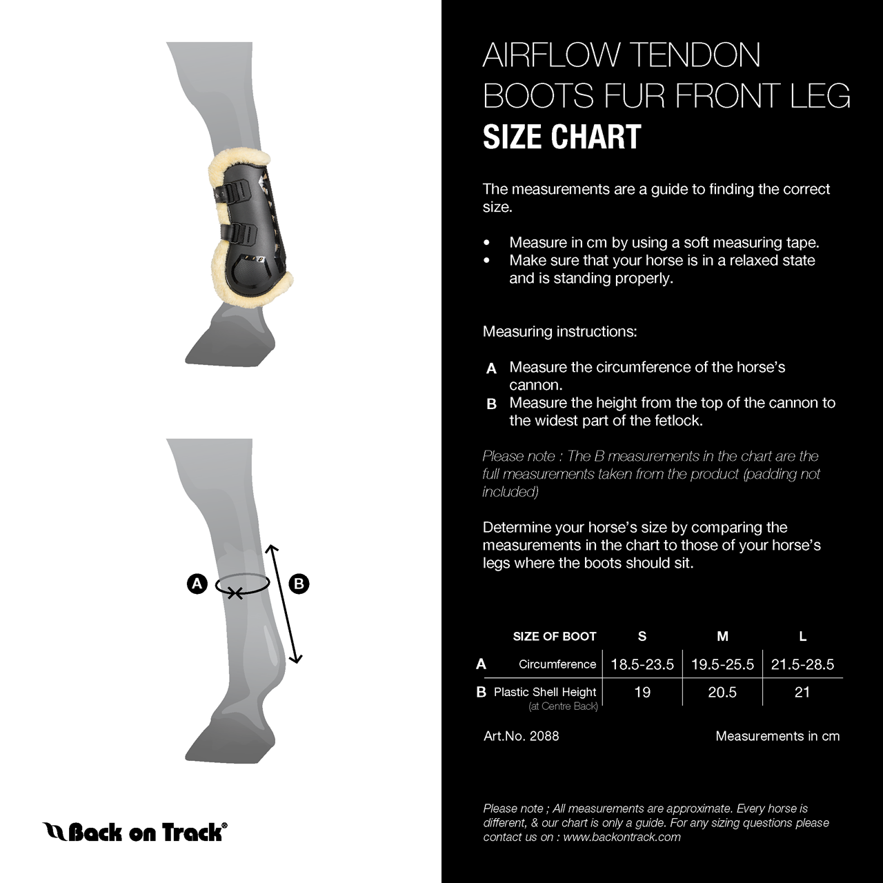 Sizing Chart for Back on Track Airflow&reg; Tendon Boots w/ Faux Fur