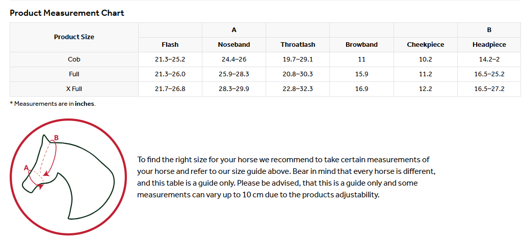 Sizing Chart for Horseware Dressage Flash Bridle
