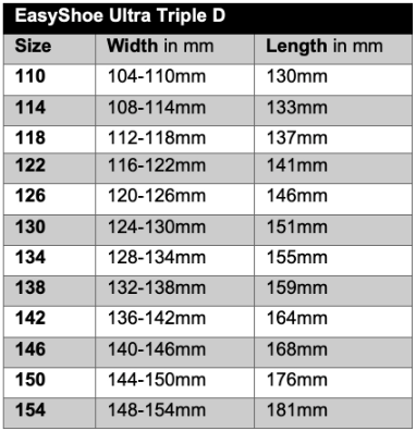 Sizing Chart for EasyShoe Ultra Triple D Glue On Shoe