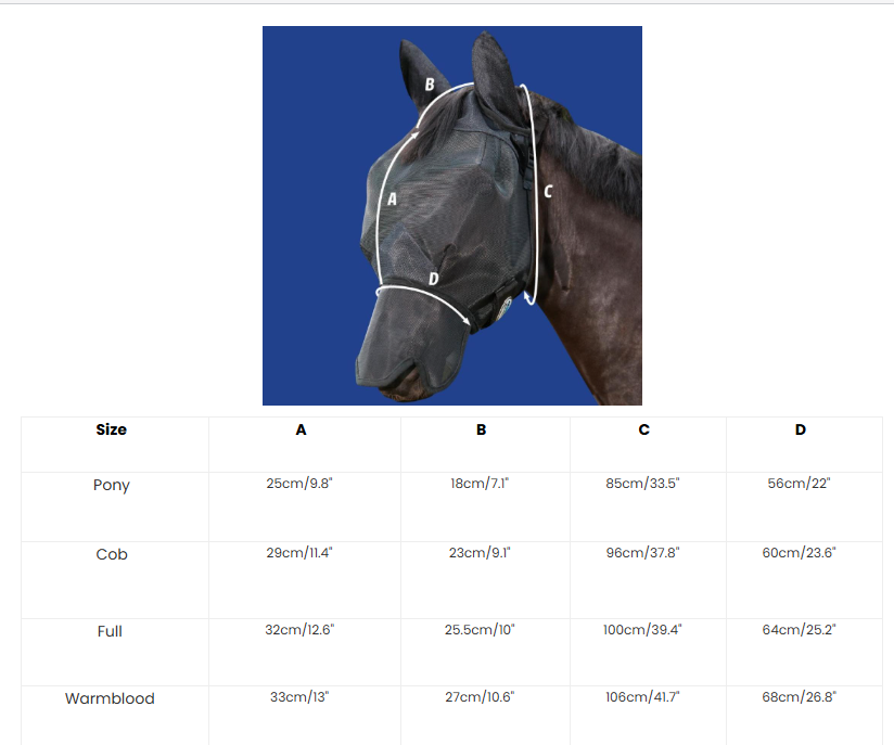 Sizing Chart for WeatherBeeta ComFiTec Deluxe Fine Mesh Fly Mask with Ears and Nose
