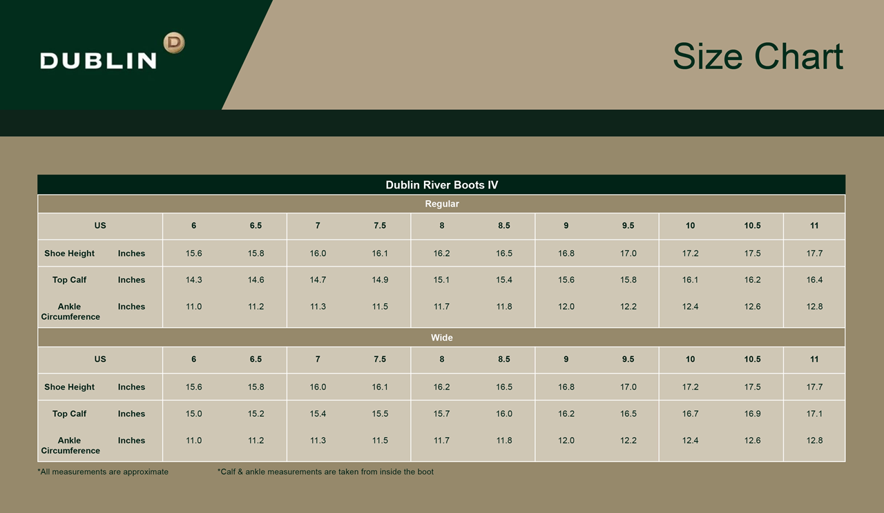 Sizing Chart for Dublin River Boot IV