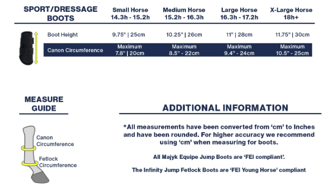Sizing Chart for Majyk Equipe Aeroguard All Purpose Brushing Boots