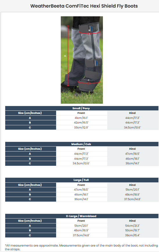 Sizing Chart for WeatherBeeta Comfitec Hexi Shield Fly Boots