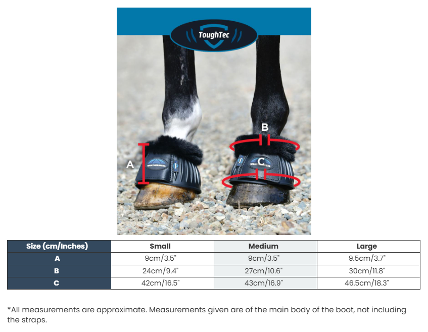 Sizing Chart for Weatherbeeta Tough-Tec Prime Fleece Trim Rubber Bell Boots