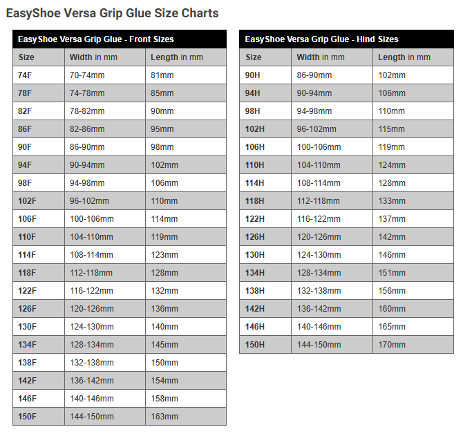 Sizing Chart for EasyShoe Versa Grip Glue On Shoe