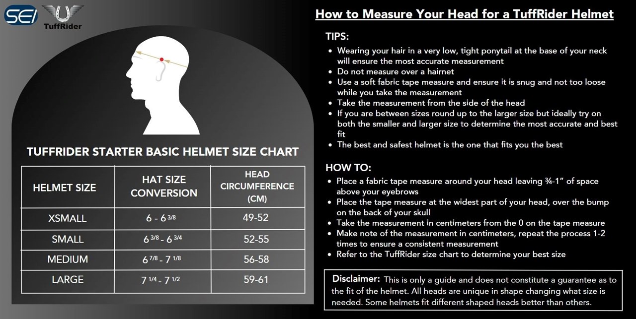Sizing Chart for TuffRider Starter Basic Horse Riding Helmet