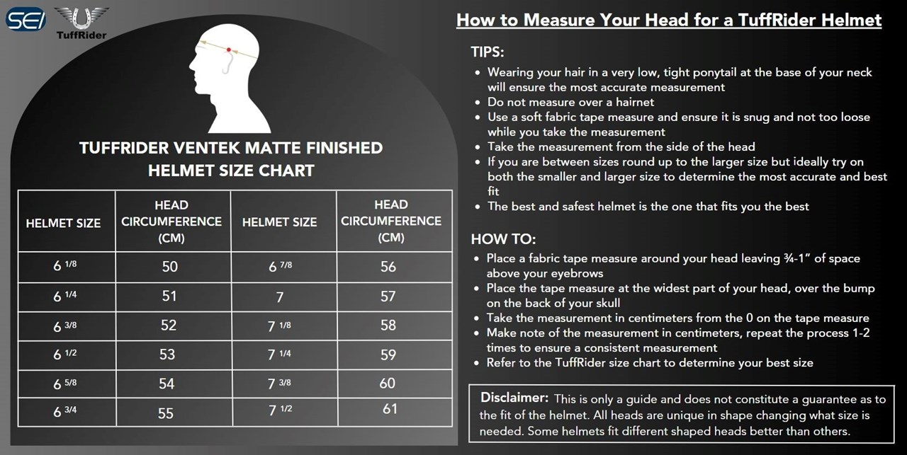 Sizing Chart for TuffRider Ventek Matte Helmet