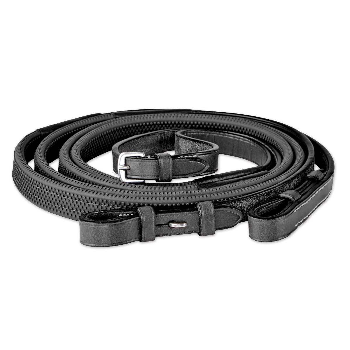 NEW ENGLISH BLACK RUBBER GRIP /RAISED LEATHER REINS 54 INCHES LONG 