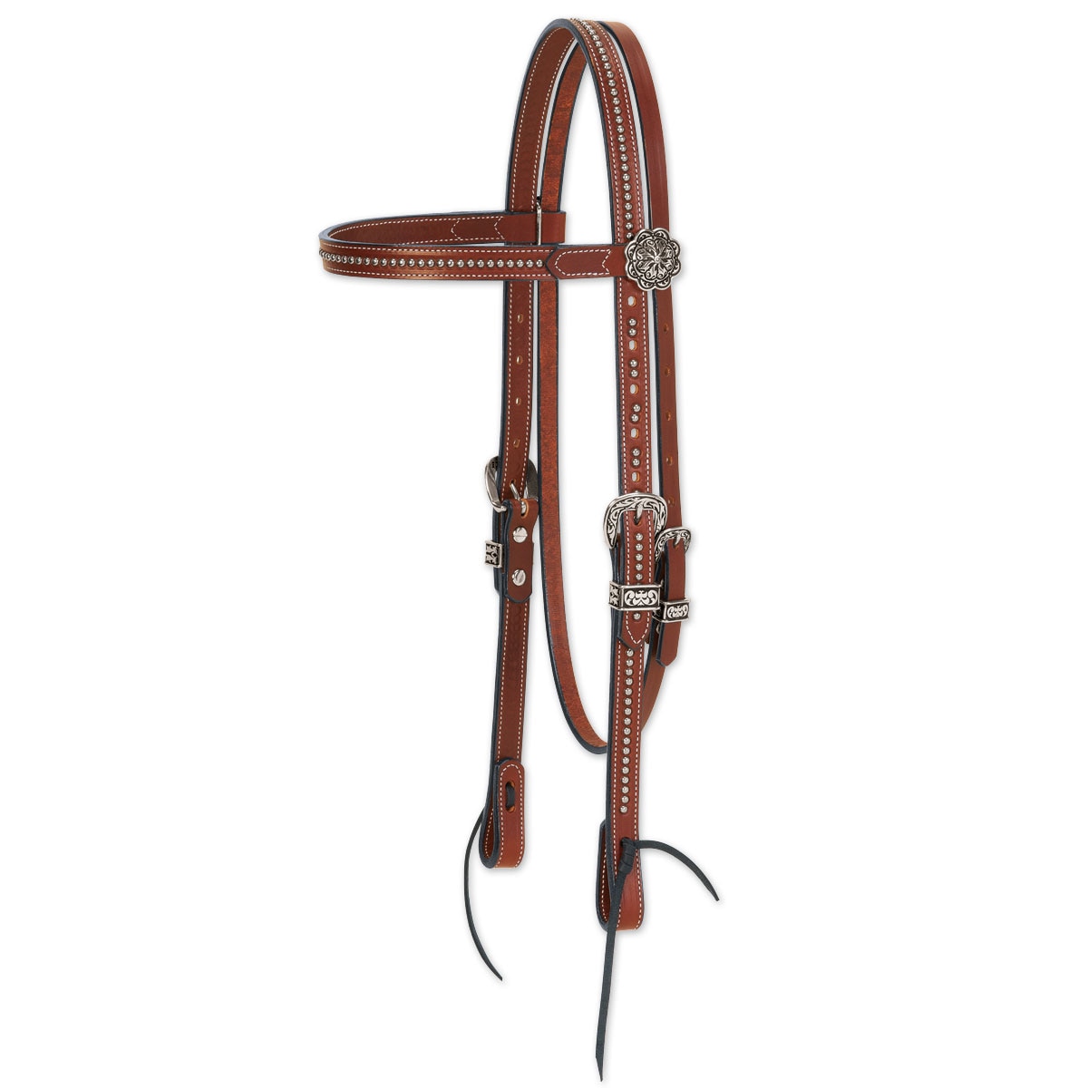 Natural Leather Hand Tooled Browband Style Headstall with Steel Hardware 