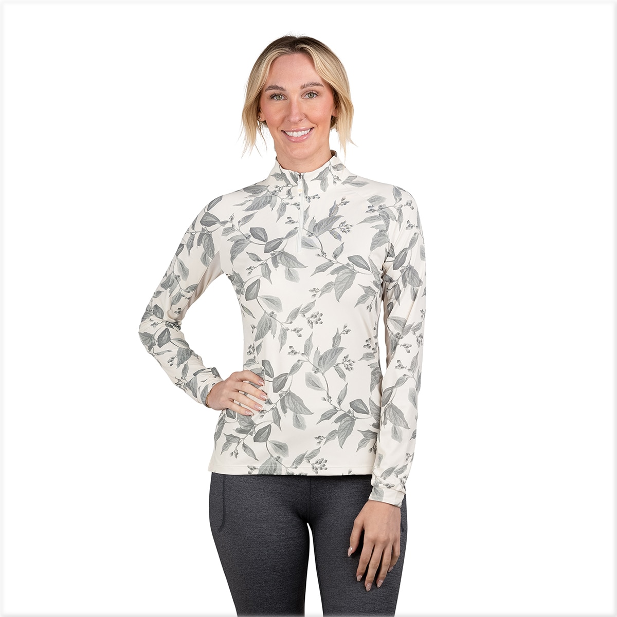 Kastel Denmark Women's Asphalt and White Leaf 1/4 Zip Long Sleeve Sun Shirt Small