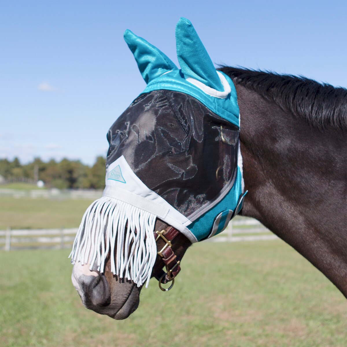 UV Protection Shires Deluxe Horse/Pony Fly Mask With Nose Fringe in Blue 