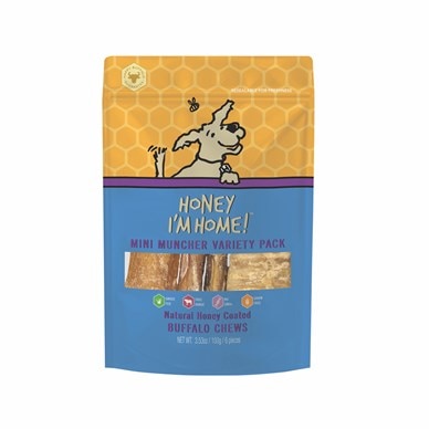 Honey I'm Home Natural Honey Coated Mini Muncher Variety Pack Buffalo Dog Chews Honey I'm Home Natural Honey Coated Mini Muncher Variety Pack Buffalo Dog Chews