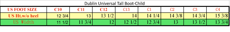 Sizing Chart for Dublin Child's Universal Tall Boot
