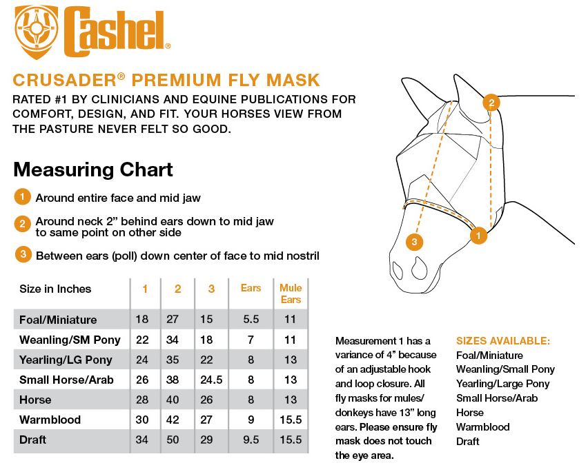 Sizing Chart for Crusader Fly Mask - Quiet Ride - Long Without Ears