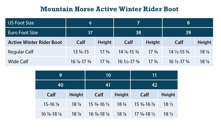 Sizing Chart for Mountain Horse Active Winter Rider Boot