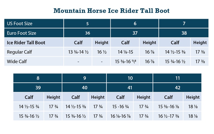 Sizing Chart for Mountain Horse Rimfrost Rider III Tall Boot