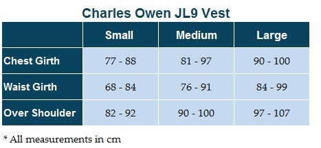 Sizing Chart for Charles Owen JL9 Vest