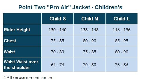 Sizing Chart for Point Two "Pro Air" Jacket - Children's