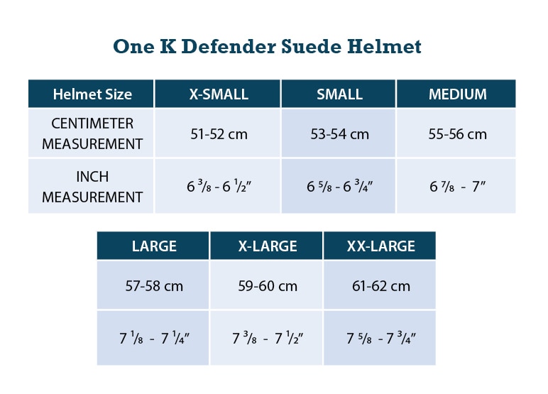 Sizing Chart for One K Defender Chrome Stripe Helmet