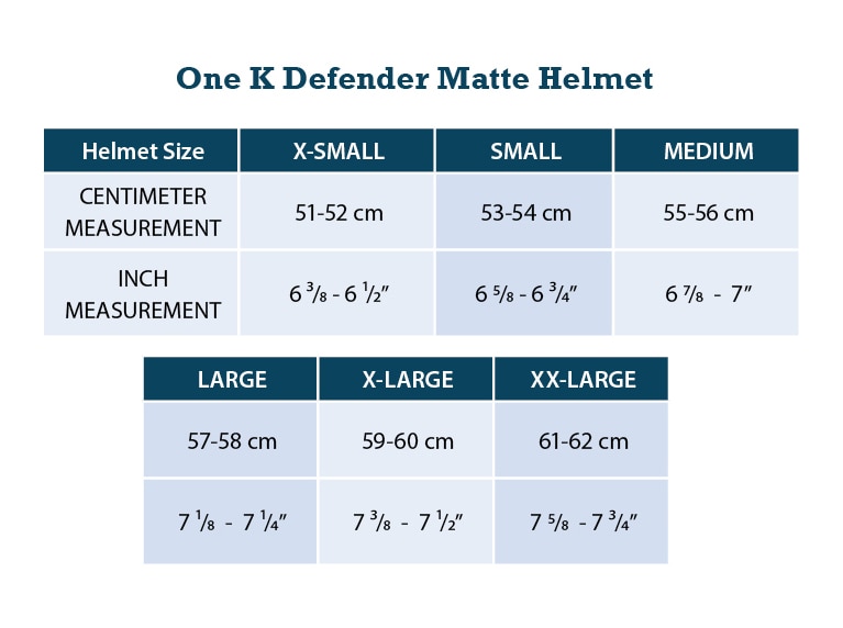 Sizing Chart for One K Defender Matte Helmet