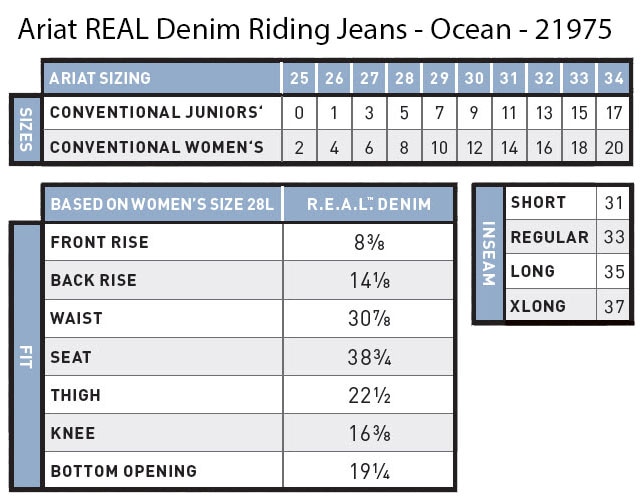 Sizing Chart for Ariat Women's R.E.A.L. Riding Jeans Boot Cut- Ocean