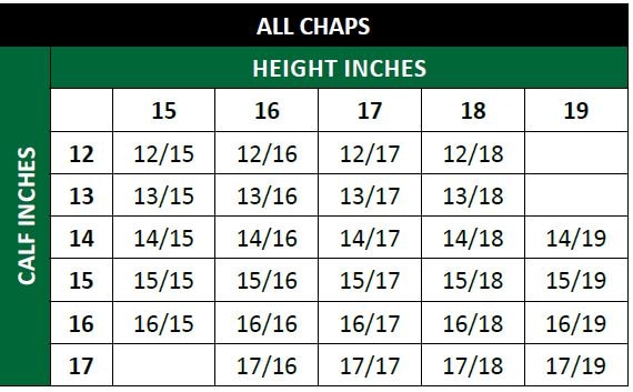 Sizing Chart for Tredstep Medici Air Half Chaps