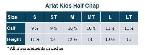 Sizing Chart for Ariat Kids Scout Chap
