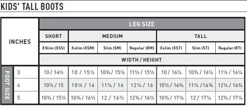 Sizing Chart for Ariat Youth Heritage Contour Tall Boot