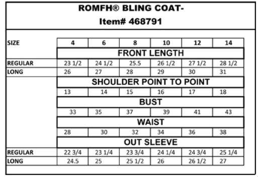 Sizing Chart for Romfh Silk Shell Bling Shadbelly