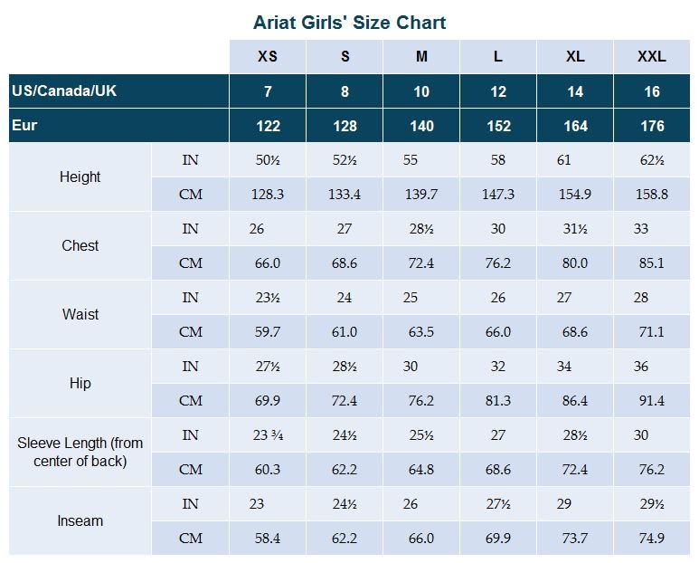 Sizing Chart for Ariat Girls 2.0 Lowell 1/4 Zip Baselayer