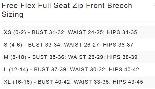 Sizing Chart for FITS Free Flex Full Seat Breeches - Front Zip - Clearance!